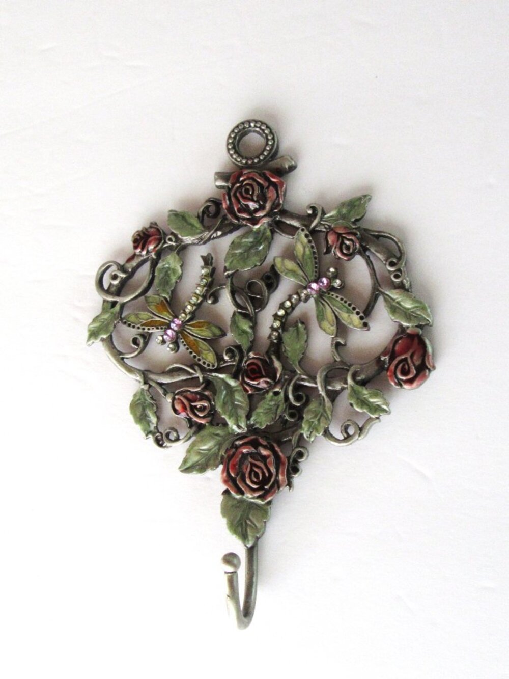 Cast iron or pewter decorative hook with enameled roses & rhinestone dragonflies